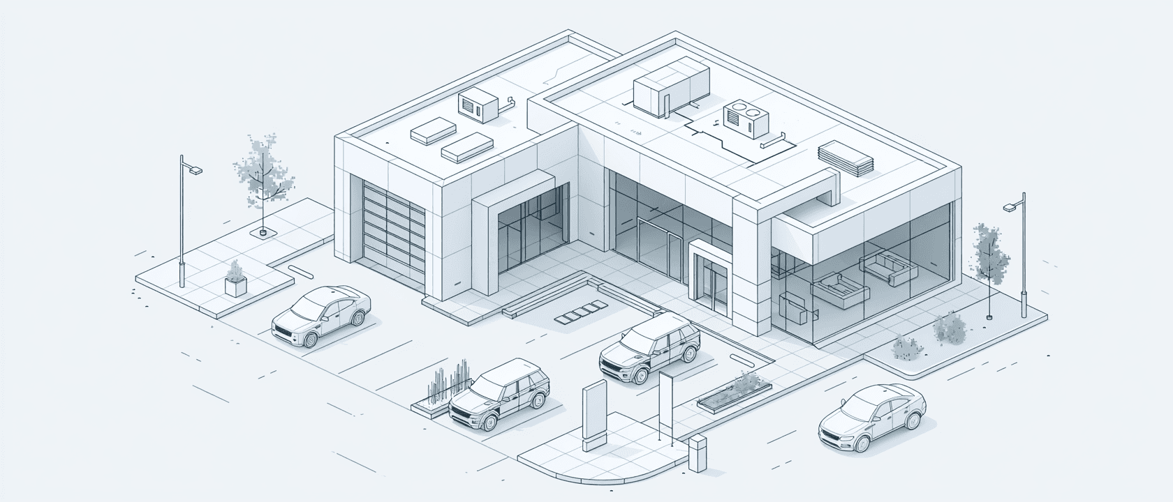 Isometric illustration of an independent car dealership and its inventory